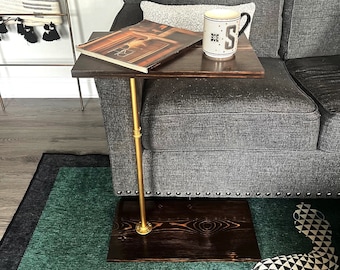 Industrial Pipe Wood C-Table | Rustic Side Table | TV Tray | Laptop Stand | Sofa Arm Tray | Swivel End Table | Coffee Table for Couch