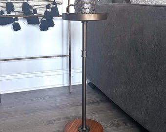 Modern Industrial Drink Table | Martini Side Table | Furniture for Small Spaces | Rustic Metal Pipe & Wooden End Table | Minimalist Decor