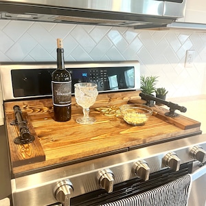 Rustic Wood Stove Top Cover with Industrial Pipe Handles | Decorative Serving Tray | Oven Cover | Farmhouse Kitchen Decor | Noodle Board