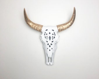 ANY COLOR Filigree Faux Steer Skull Wall Decor | Faux Taxidermy | Bison Head | Decorative Southwestern Carved Cow Skull | Tribal Buffalo