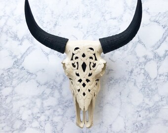 ANY COLOR Faux Carved Cow Skull | Natural Filigree Bison Skull | Faux Taxidermy | Resin Buffalo | Decorative Southwestern Decor | Steer Head