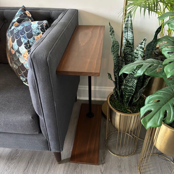 Slim Industrial Pipe and Wood Side Table | Narrow C-Shaped End Table | Modern Style | Sofa Table for Small Spaces | Plant Stand Accent Table