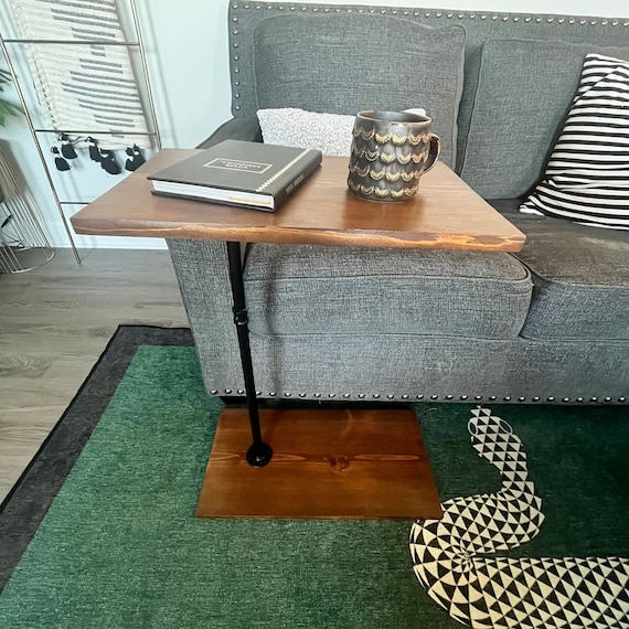 Industrial Pipe Wood C-Table | Rustic Side Table | TV Tray | Laptop Stand | Sofa Arm Tray | Swivel End Table | Coffee Table for Couch