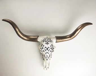 ANY COLOR Natural Filigree Longhorn Skull | Large Resin Animal Head | Faux Taxidermy | Cow Wall Mount | Decorative Tribal Bison | Farmhouse