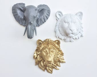 ANY SET of 3 Faux Taxidermy Choose COLOR // Zebra // Tiger // Elephant // Fake Animal Head // Wall Decor // Safari Nursery // Zoo // Jungle