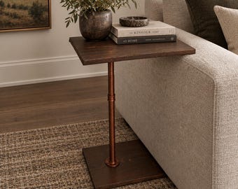 Industrial Pipe Wood C-Table | Rustic Side Table | TV Tray | Laptop Stand | Sofa Arm Tray | Swivel End Table | Coffee Table for Couch