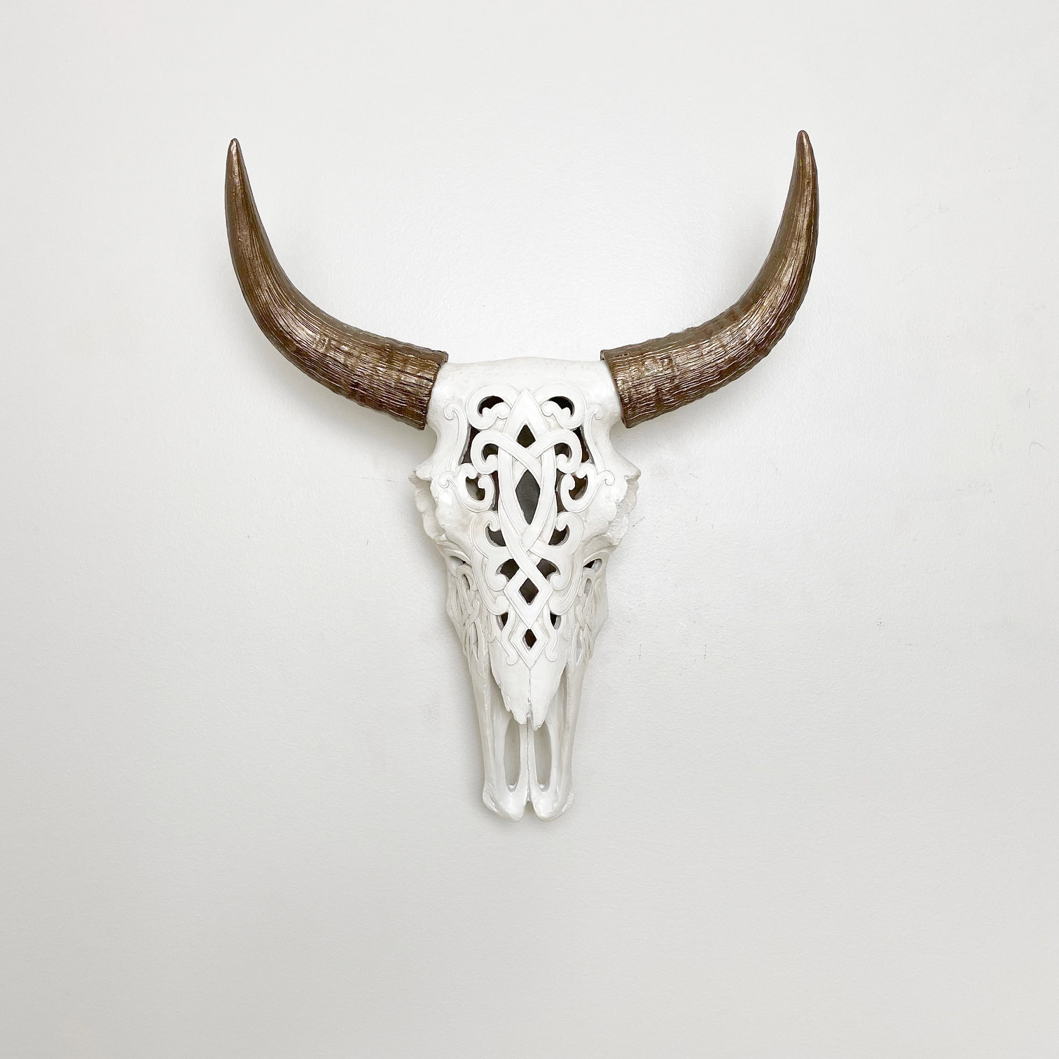 BULL Skull BUFFALO Carved Cow Animal longhorns steer Huge Bali Filigree Decor 