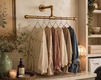 Floating T-Bar Hanging Rack for Clothing & Accessories | Rustic Clothes Rod | Multi-Purpose Closet Storage | Industrial Pipe Farmhouse Decor