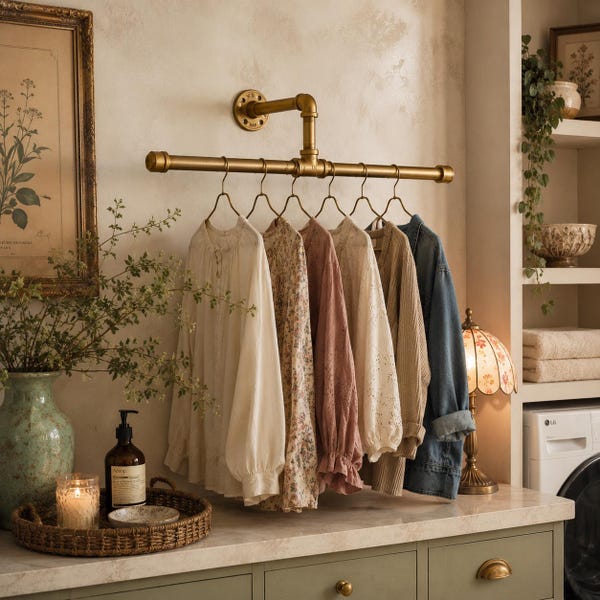 Floating T-Bar Hanging Rack for Clothing & Accessories | Rustic Clothes Rod | Multi-Purpose Closet Storage | Industrial Pipe Farmhouse Decor