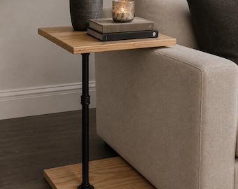 Industrial Pipe Wood C-Table | Rustic Side Table | TV Tray | Laptop Stand | Sofa Arm Tray | Swivel End Table | Coffee Table for Couch