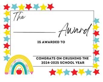 End of School Year Award Certificate, Digital Download, Student Award Certificate, Award Printable