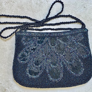 Iridescent Blue Carnival Glass beaded bag, 1940&#39;s beaded handbag clutch, art nouveau beaded purse with iridescent beads and zipper close