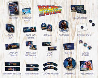 May include: Printable Back to the Future birthday party kit with a variety of decorations, including invitations, thank you cards, favor boxes, favor bag toppers, gift tags, cake toppers, envelope labels, envelope seals, candy bar wrappers, mini candy bar wrappers, straw flags, food tents, cupcake toppers, water bottle labels, napkin holders, cupcake wrappers, centerpieces, a welcome sign, an iron-on transfer design, party signs, a birthday banner, a pin the wheel game, a word search, and bingo cards.