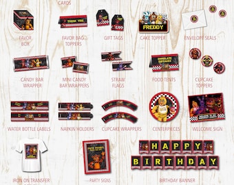 Five Nights At Freddy's Birthday Party Printables Pack- Decorations w/ invitations - Favors, Banner, Cupcake toppers, labels, templates etc