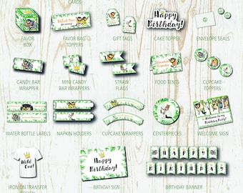 May include: Printable birthday party kit with a Where the Wild Things Are theme. Includes invitations, thank you cards, favor boxes, favor bag toppers, gift tags, cake topper, envelope labels, envelope seals, candy bar wrappers, mini candy bar wrappers, straw flags, food tents, cupcake toppers, water bottle labels, napkin holders, cupcake wrappers, centerpieces, welcome sign, iron-on transfer design, birthday sign, birthday banner, pin the crown game, coloring pages, and bingo cards.