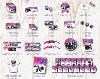 BTS Birthday Party Printables Pack- Decoraciones con invitaciones - Banner, Cupcake toppers, Favor bag toppers, labels etc - Instant DL