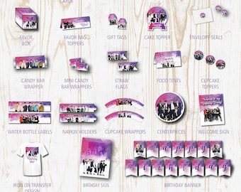 BTS Birthday Party Printables Pack- Decoraciones con invitaciones - Banner, Cupcake toppers, Favor bag toppers, labels etc - Instant DL