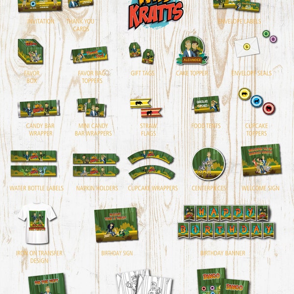 Wild Kratts Birthday Party Printables Pack- Decorations w/ invitations - Favors, Banner, Cupcake toppers, labels, templates etc Instant DL