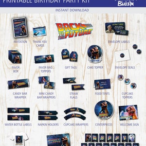 Back to the Future Birthday Party Printables Pack- Decorations w/ invitations - Banner, Cupcake toppers, Favors, labels, templates. etc -