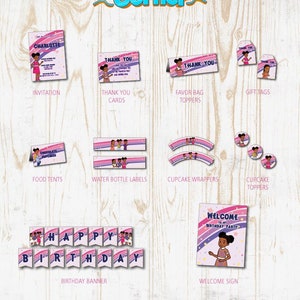 Gracie&#39;s Corner Birthday Party Printables Pack- Decorations w/ invitations - Banner, Cupcake toppers, Favors, labels etc - instant DL