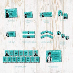 Breakfast at Tiffany’s Birthday Party Printables Pack- Decorations w/ invitations - Banner, Cupcake toppers, Favors, labels etc - Instant DL