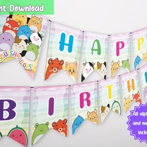 Banner de cumpleaños de Squishmallows - Decoración de fiesta, plantilla, imprimible, feliz cumpleaños, DL instantáneo