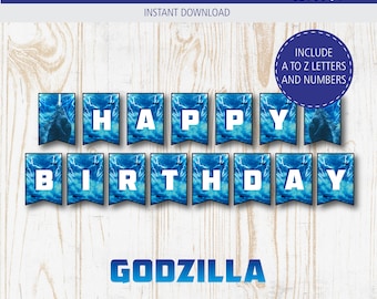 Banner di compleanno Godzilla - Decorazione per feste, modello stampabile, buon compleanno, DL istantaneo