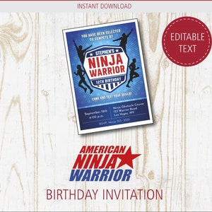 American Ninja Warrior Birthday Party Invitations - Thank You cards, Printable Template, Instant download