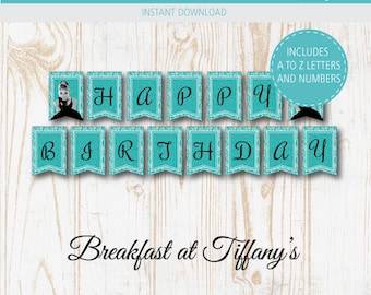 Desayuno en Tiffany's Birthday Banner - Decoración de fiesta, Plantilla, Imprimible, Feliz Cumpleaños, DL Instantáneo