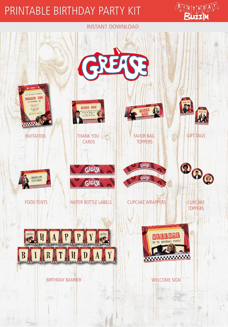 Grease Birthday Party Printables Pack Decorations W/ Etsy