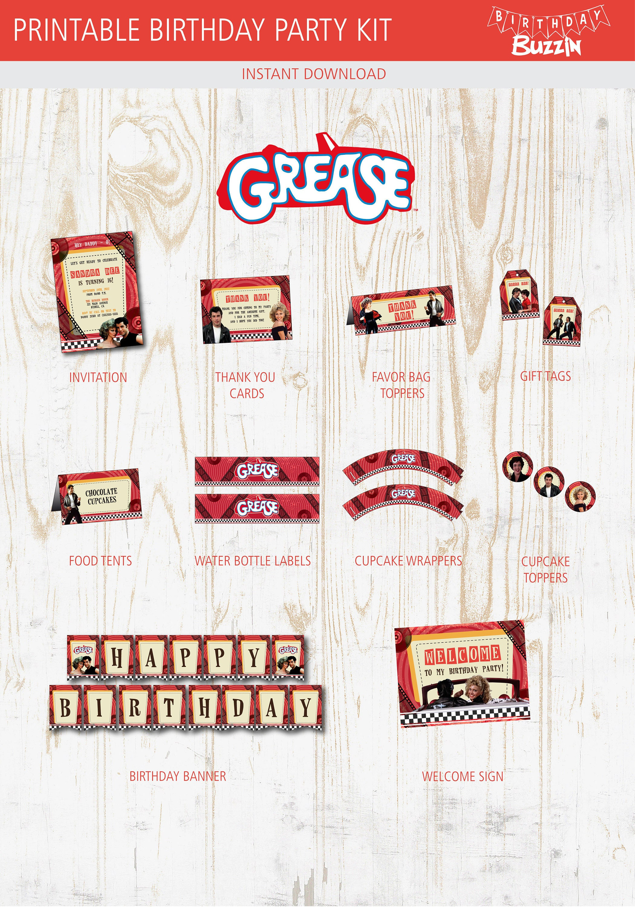 Grease Birthday Party Printables Pack- Decorations w/ invitations - Banner, Cupcake toppers, Favor bag toppers, labels etc - instant DL