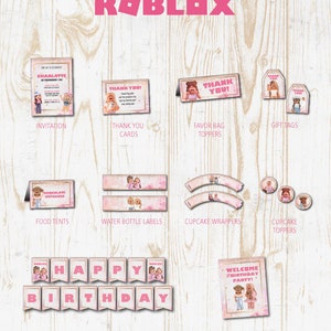 Pink Roblox Girl Birthday Party Printables Pack- Decorations w/ invitations - Banner, Cupcake toppers, Favors, labels etc - Instant DL