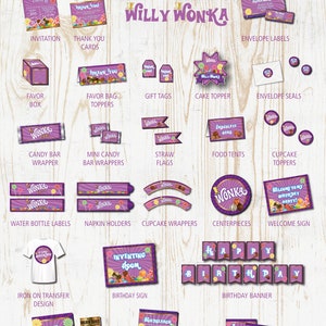 Puede incluir: Kit de fiesta de cumpleaños de Willy Wonka imprimible con acentos morados y dorados. Incluye invitaciones, tarjetas de agradecimiento, cajas de regalo, adornos para bolsas de regalo, etiquetas de regalo, adorno para pastel, etiquetas para sobres, sellos para sobres, envoltorios de barras de caramelo, envoltorios de mini barras de caramelo, banderas de pajitas, tiendas de comida, adornos para cupcakes, etiquetas para botellas de agua, porta servilletas, envoltorios para cupcakes, centros de mesa, cartel de bienvenida, diseño de transferencia de plancha, cartel de cumpleaños, juego de pin the ticket, búsqueda de palabras y juego de bingo.