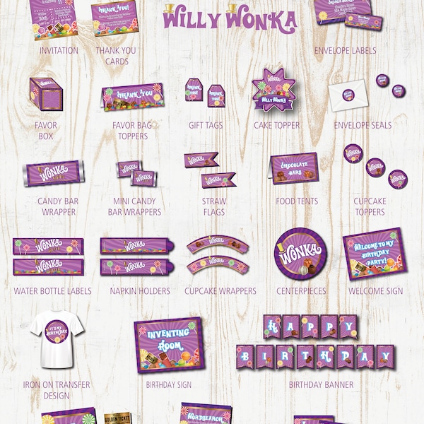 Willy Wonka Birthday Party Printables Pack- Decoraciones con invitaciones - Banner, Cupcake toppers, Favor bag toppers, labels etc - Instant DL