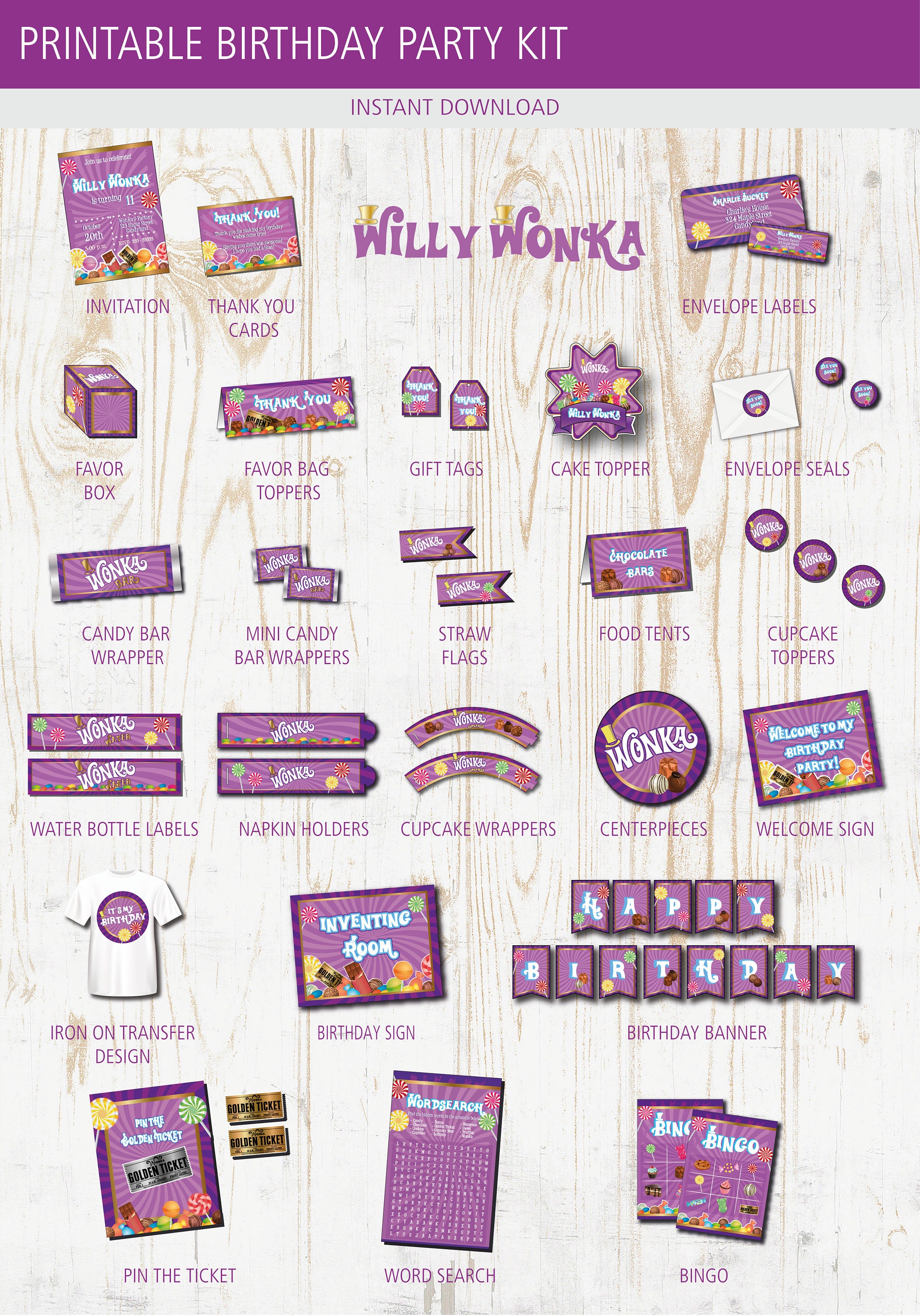 Willy Wonka Birthday Party Printables Pack- Decorations W/ Invitations - Banner, Cupcake Toppers ...