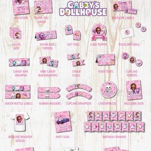 Gabby's Dollhouse Birthday Party Printables Pack- Decorations w/ invitations - Banner, Cupcake toppers, Favors, Templates - Instant DL