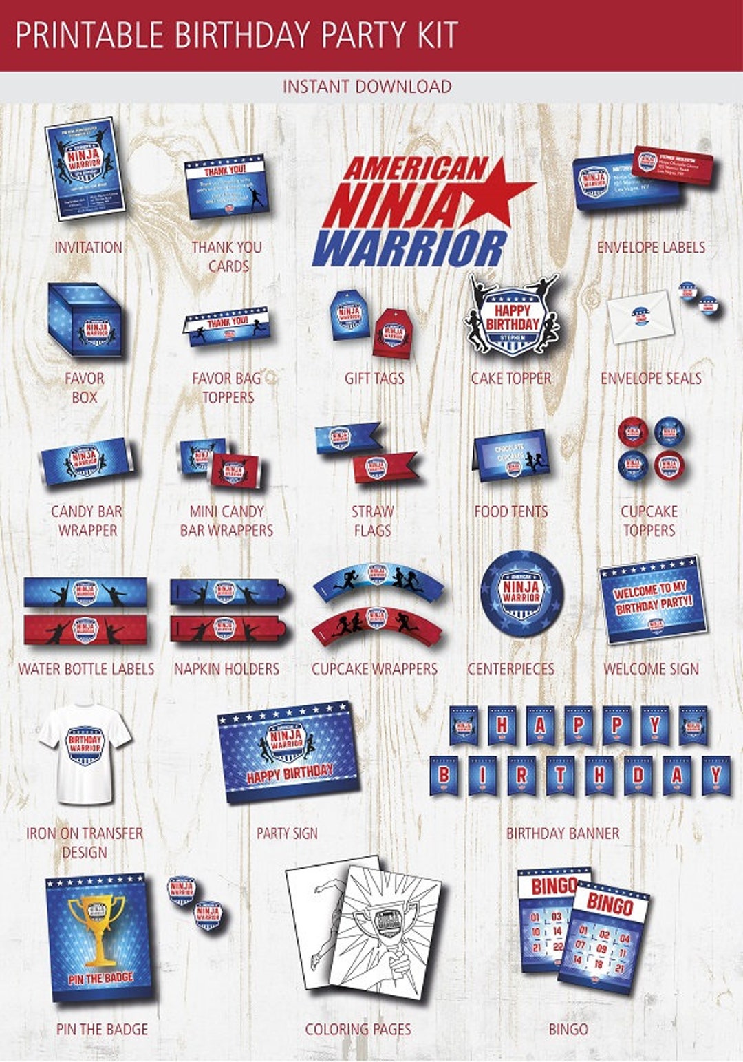 American Ninja Warrior Birthday Party Printables Pack- Decorations W ...