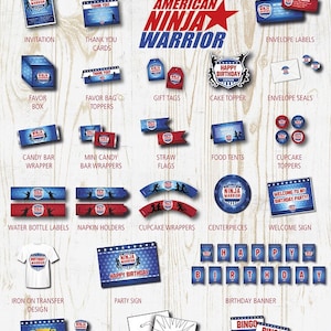 American Ninja Warrior Birthday Party Printables Pack- Decorations w/ invitations - Banner, Cupcake toppers, Favor bag toppers - Instant DL