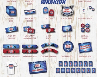 American Ninja Warrior Birthday Party Printables Pack- Decorations w/ invitations - Banner, Cupcake toppers, Favor bag toppers - Instant DL