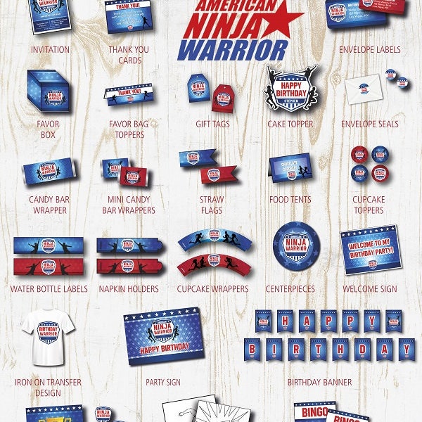 American Ninja Warrior Birthday Party Printables Pack- Décorations avec invitations - Bannière, Cupcake toppers, Favor bag toppers - Instant DL