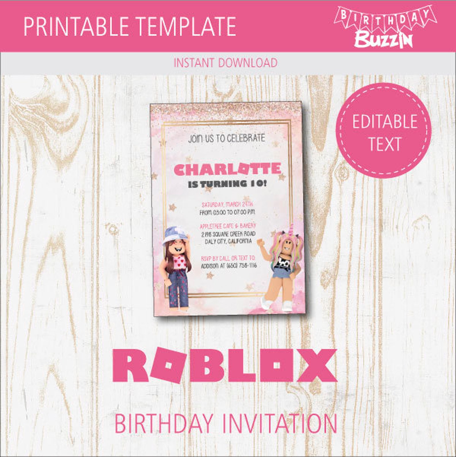 Pink Roblox Girl Birthday Party Invitations Thank You Cards Etsy