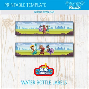 May include: Printable water bottle labels featuring characters from the Dino Ranch cartoon. The labels feature a green, brown, and blue landscape with the characters riding dinosaurs. The labels also include the text "Dino Ranch" in a red, blue, and yellow circle.