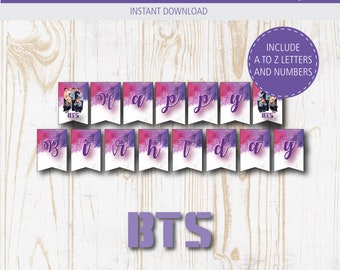 May include: Printable banner with a purple and pink watercolor background. The banner says "Happy Birthday" and includes a photo of the K-pop group BTS. The banner also includes the letters A to Z and numbers.