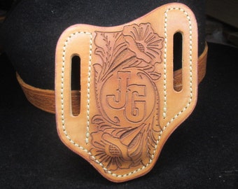 Custom Engraved Equestrian Tooled Trapper Folding Knife Sheath, Carved Floral Design Handmade  For 4 inch 2 blade Trapper Style Pocket Knife