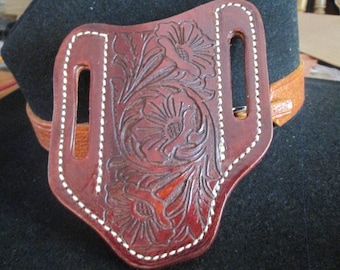 Tooled Trapper Folding Knife Sheath, Carved Floral Design Handmade  For 4 inch 2 blade Trapper Style Pocket Knife Sheaths for men or women.
