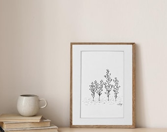 Minimalistischer Blumen Kunstdruck: Schwarz-weiße Tuschezeichnung, 13x18, Handgemachte Skizze