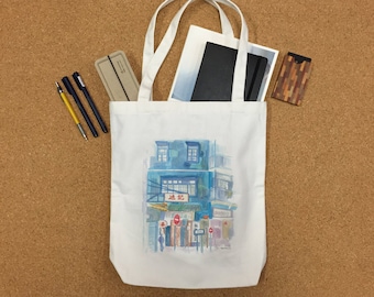 Blue House in Wan Chai, Hong Kong - digital art print on canvas tote bag