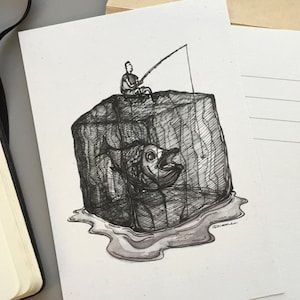 Man Fishing on an Ice Cube - digital art print