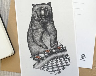 Bear and Japanese Salmon Sushi - digital art print