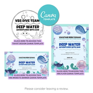 May include: A collection of Canva templates for a Vacation Bible School (VBS) event, featuring a deep-sea adventure theme. Designs include a t-shirt, website banner, and flyer, all with aquatic illustrations and event details. The templates are in shades of blue and teal.